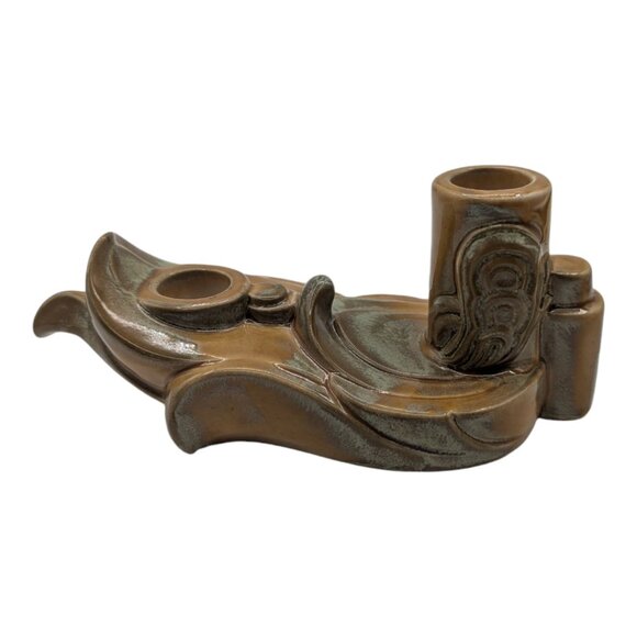 Vintage Ceramic Dual Taper Candle Holder Green Brown Double Candlestick - Picture 1 of 10